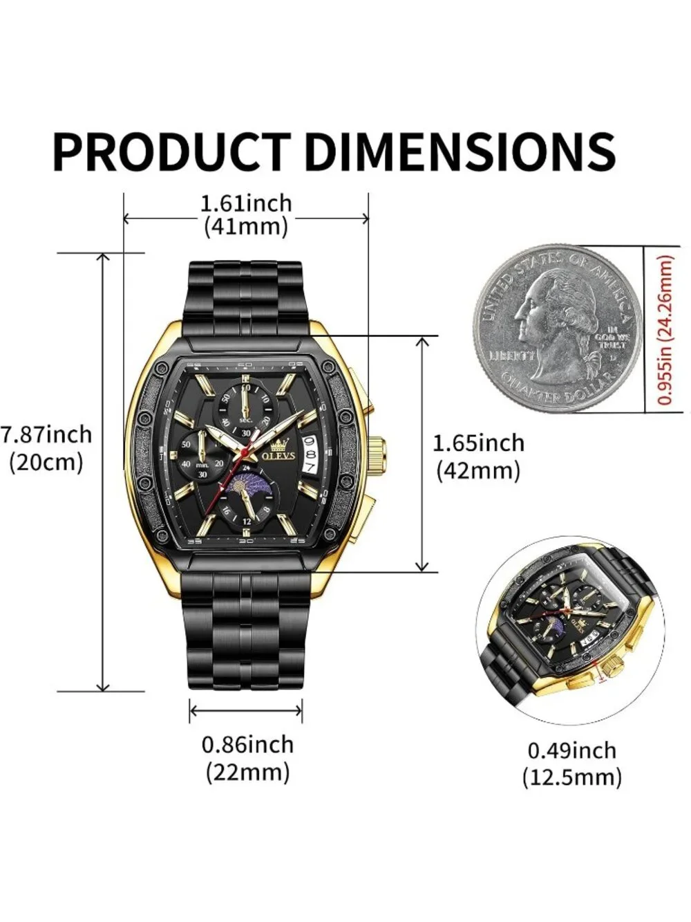 Men's Black Chronograph Rectangle Stainless Steel Luminous Quartz Classic Watch